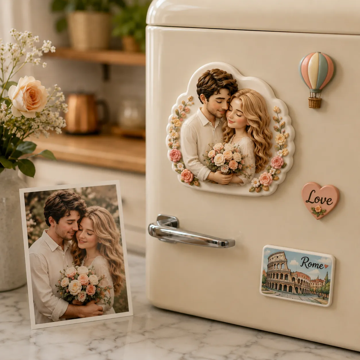 Close-up of a personalized cartoon fridge magnet with hand-finished color