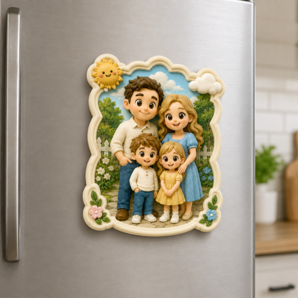 Custom 3D fridge magnet displayed on a kitchen surface
