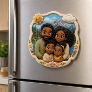 Back view of a custom cartoon fridge magnet with magnetic backing
