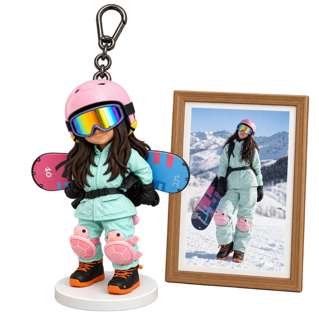 Personalized skier chibi resin figurine backpack charm