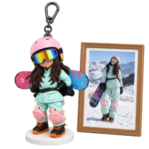 Personalized skier chibi resin figurine backpack charm
