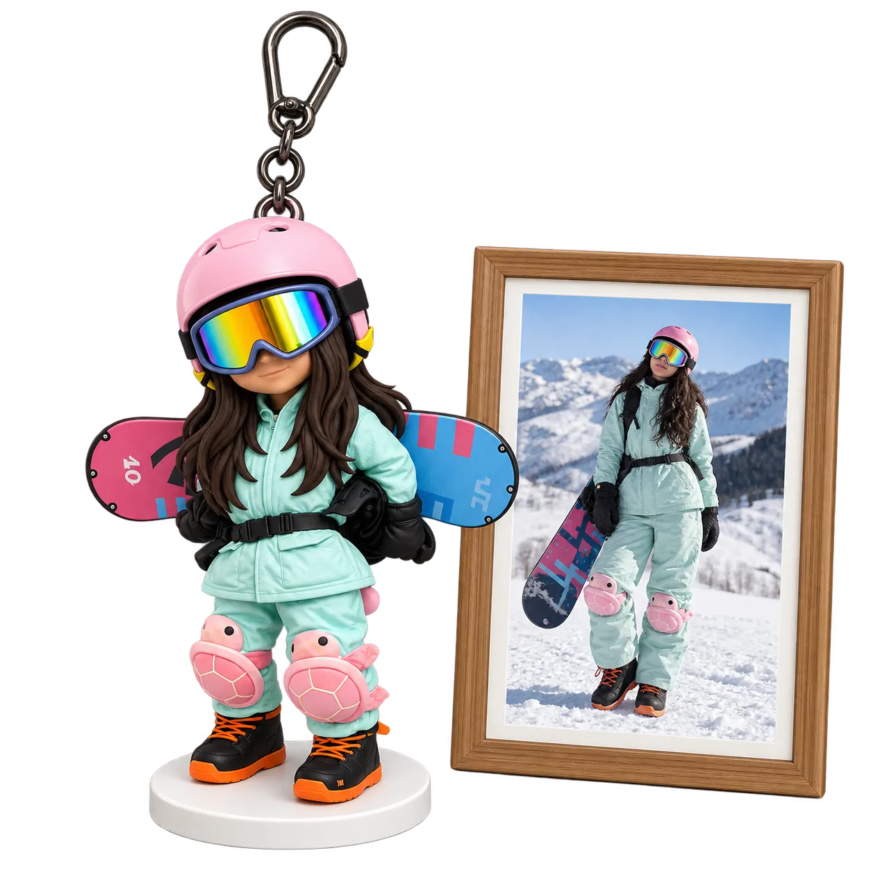 Personalized skier chibi resin figurine backpack charm