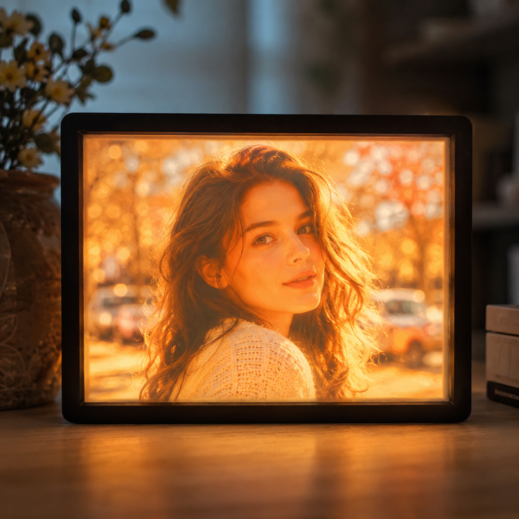 Custom photo lithophane night light glowing on a display base