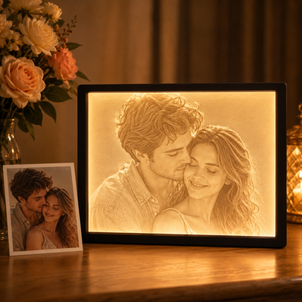 Lit custom photo lithophane night light showing the picture through the panel