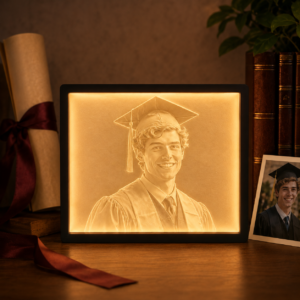 Side angle of a personalized lithophane photo lamp and base