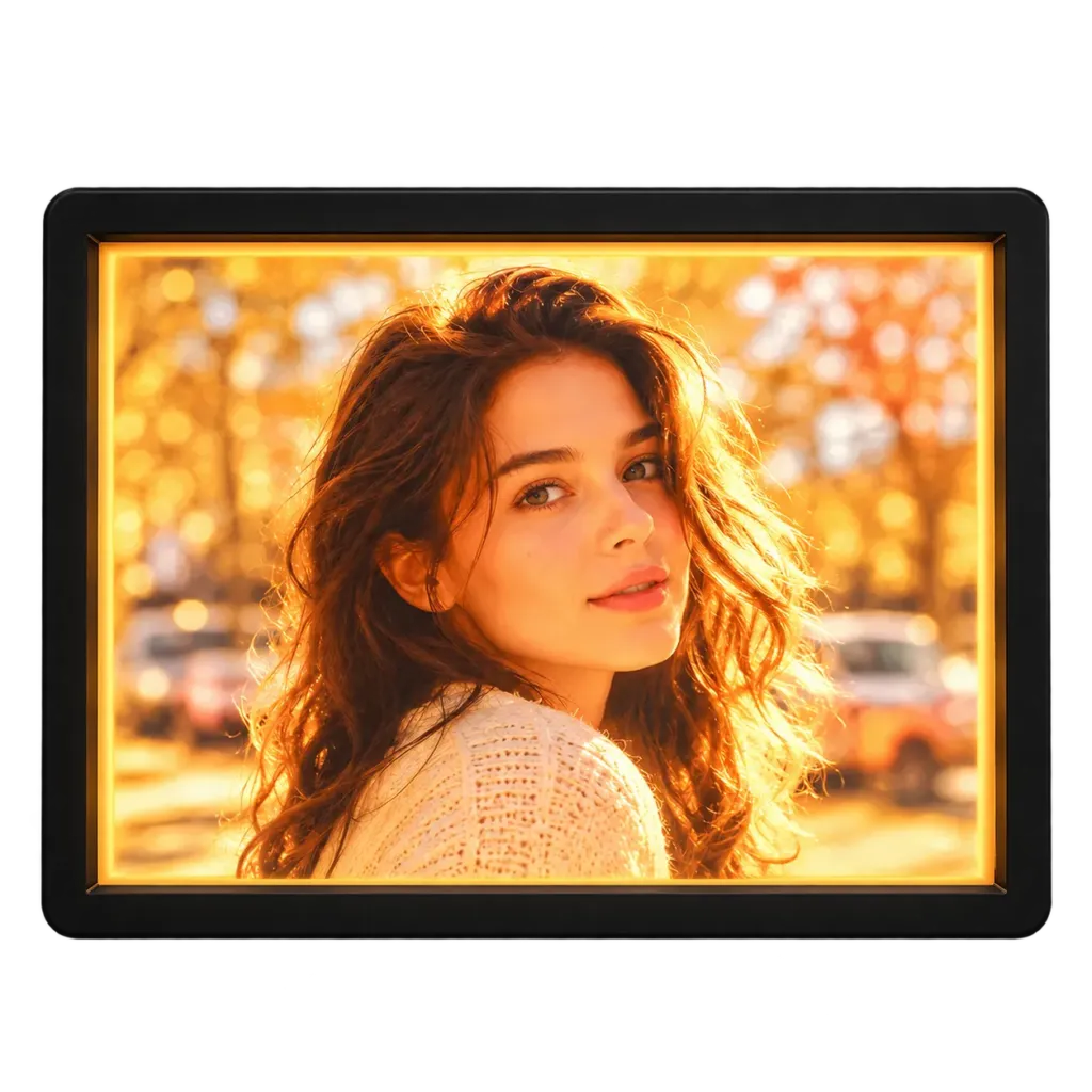 Custom photo lithophane night light glowing on a display base