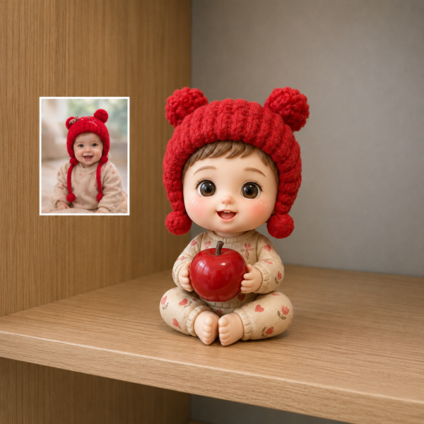 Front view of custom chibi figurine with cute big-head proportions