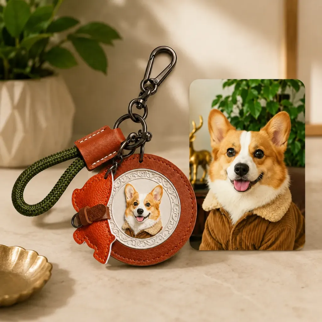 Close-up of embossed pet portrait keychain surface