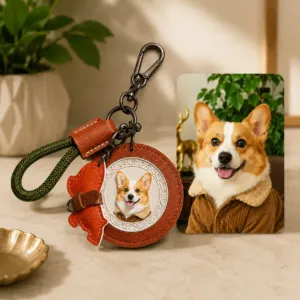 Close-up of embossed pet portrait keychain surface