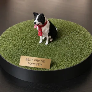 Pet memorial figurine with optional engraved base for remembrance display