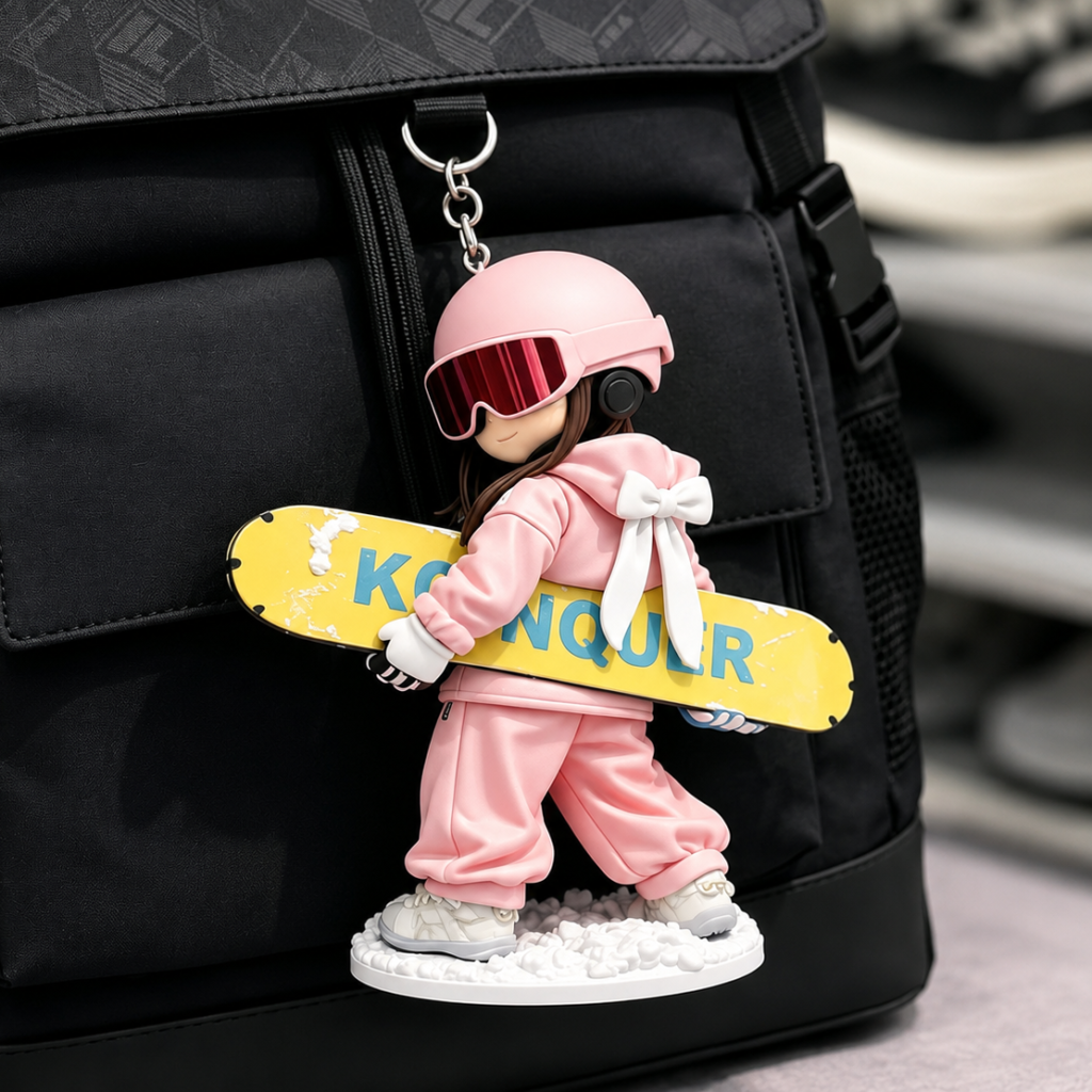 Custom snowboard chibi sports figurine keychain attached to a backpack