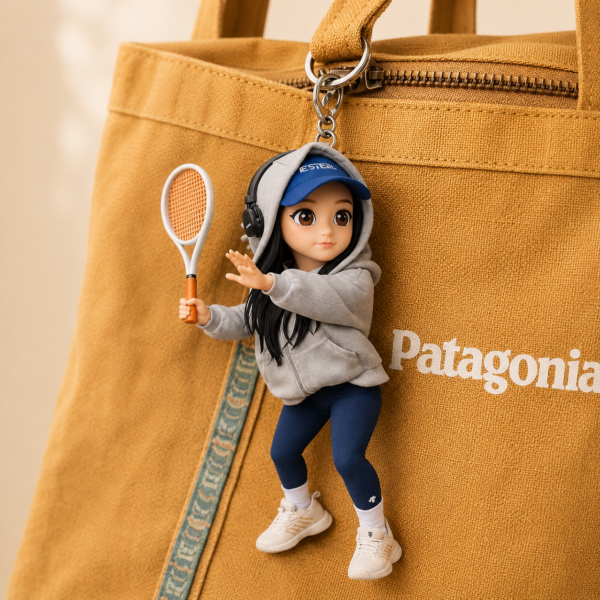 Personalized female tennis figurine bag charm in a custom outfit