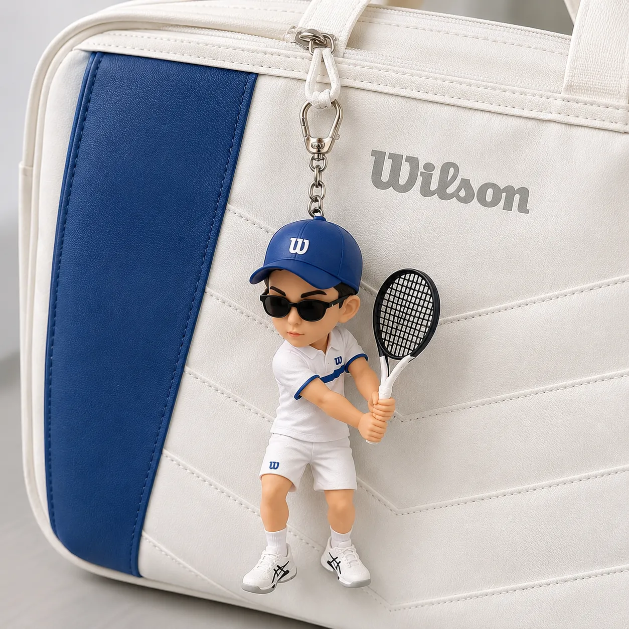 Personalized tennis player chibi sports keychain on a racket bag