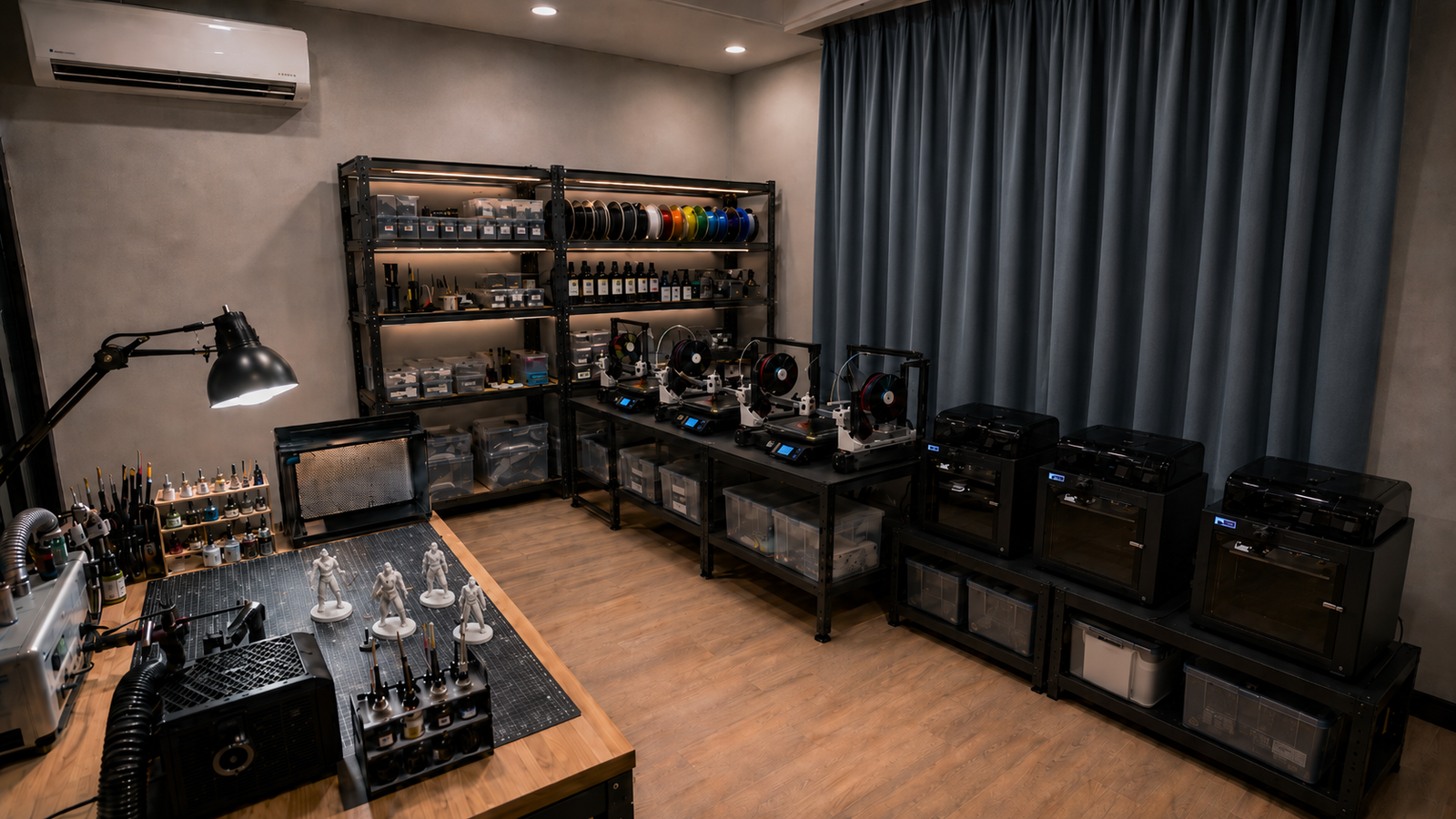 Figmo studio workspace with 3D printers, resin tools, filament, and custom figurine workstations