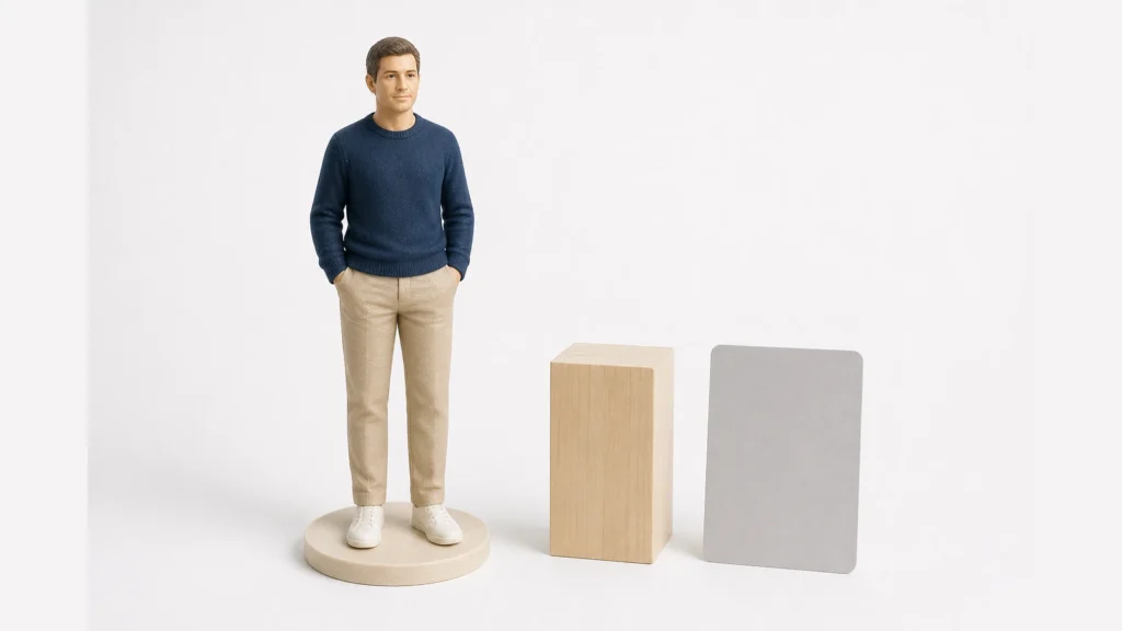 Full-color 3D printed mini-me figurine beside an unmarked height block and blank reference card