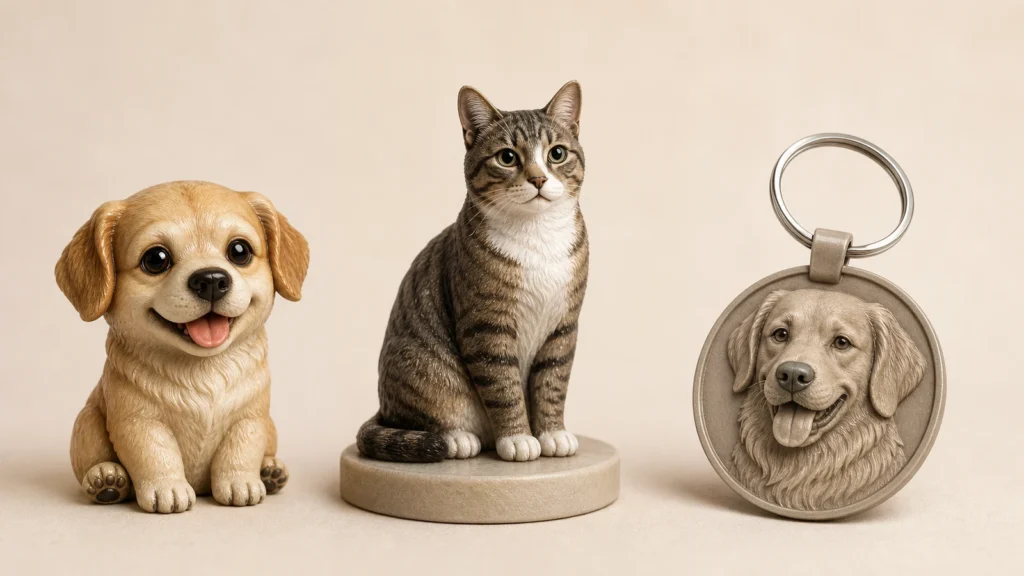 Three separate pet keepsake formats: chibi dog figure, memorial cat figurine, and embossed pet keychain