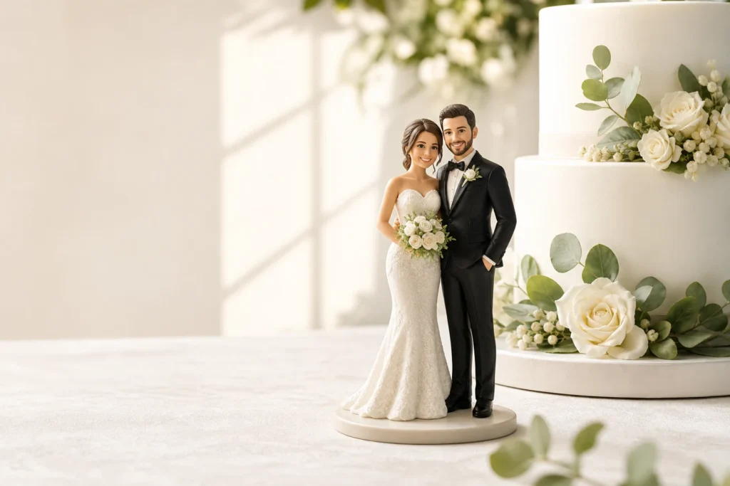 Personalized 3D wedding couple figurine on a neutral base beside an unbranded wedding cake