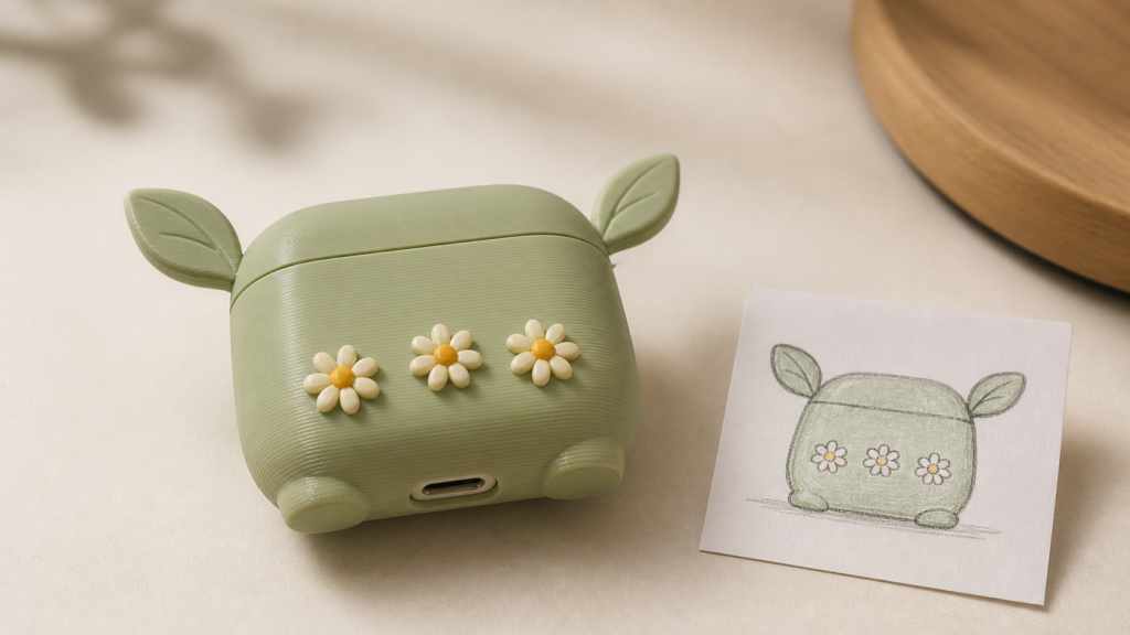 Original leaf-and-flower 3D printed AirPods case cover beside its matching reference sketch
