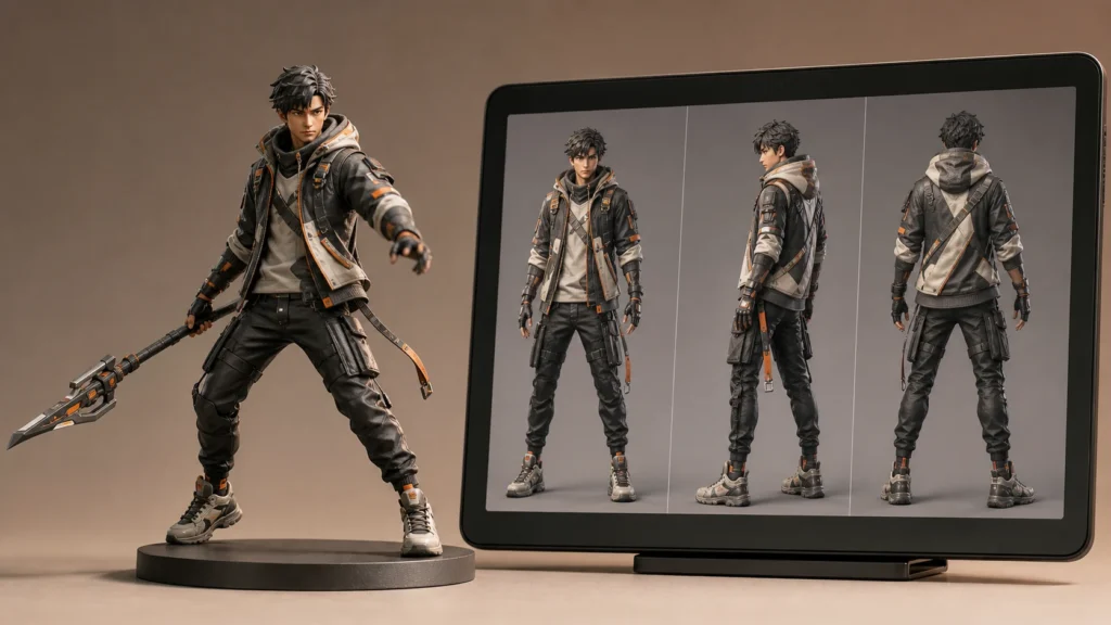 Unbranded original gaming avatar figurine beside generic front, side, and back reference views