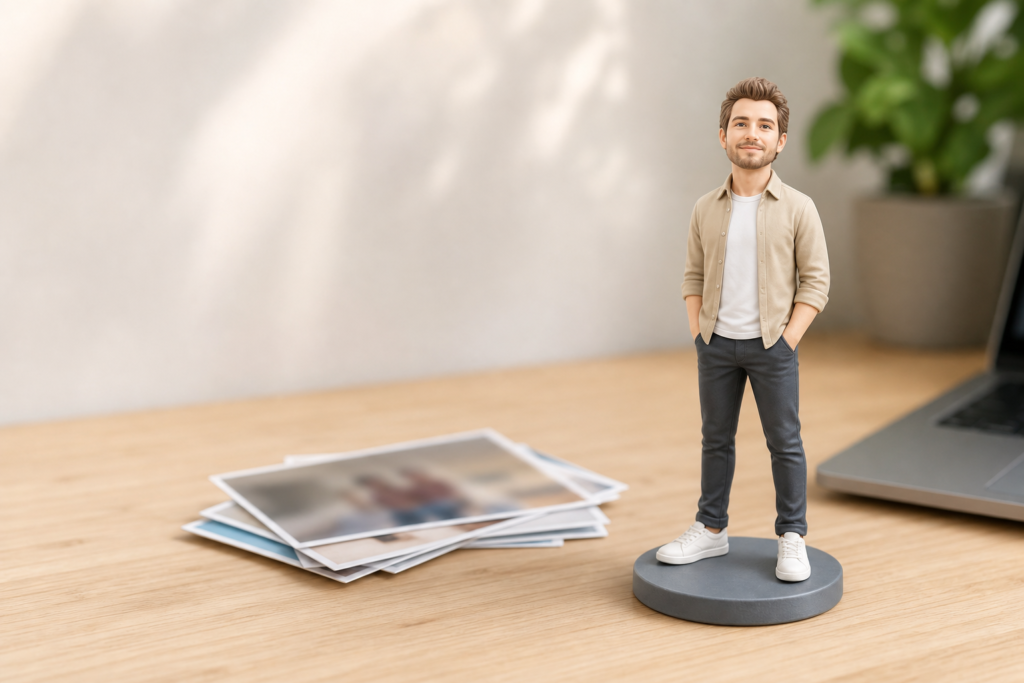 Custom mini me 3D figurine displayed on a desk beside reference photos