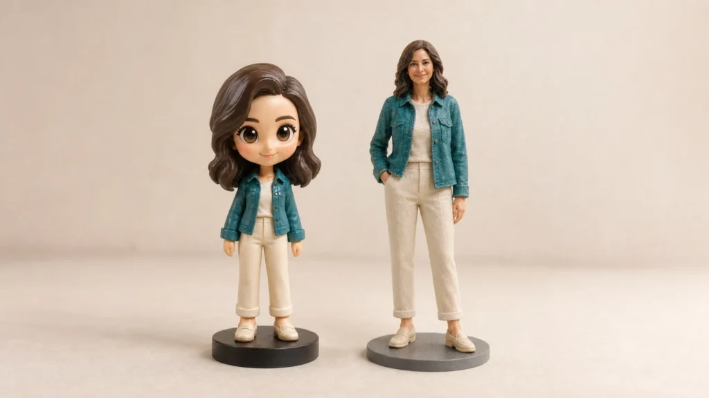 Doll-like chibi and likeness-led custom figures based on the same fictional person