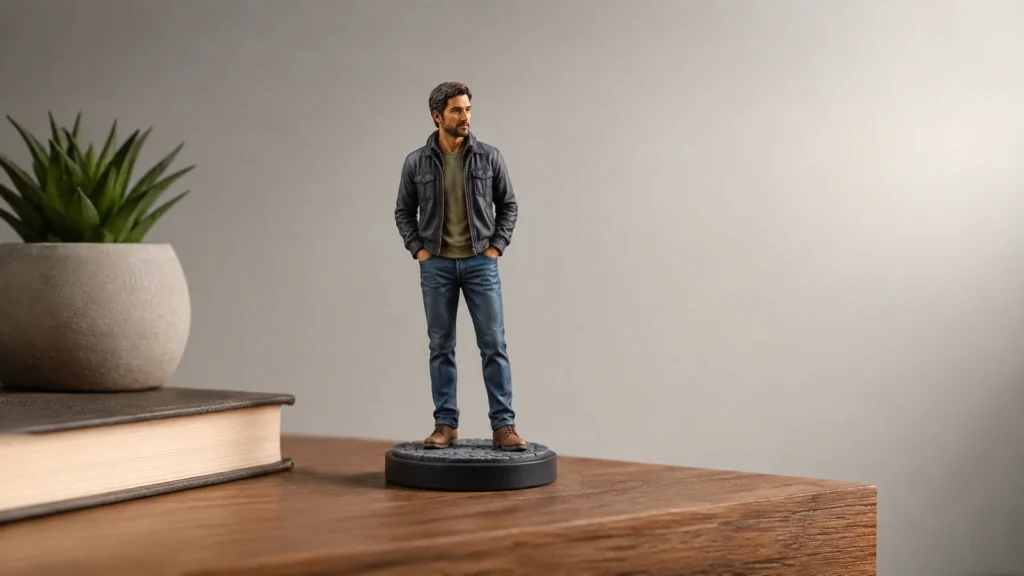 Full-color 3D printed miniature statue figure of a man in a casual jacket on a round display base