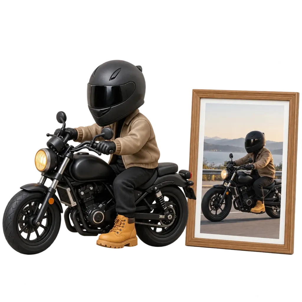 Custom motorcycle rider figurine with helmet and black motorcycle