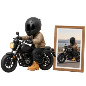 Custom motorcycle rider figurine with helmet and black motorcycle