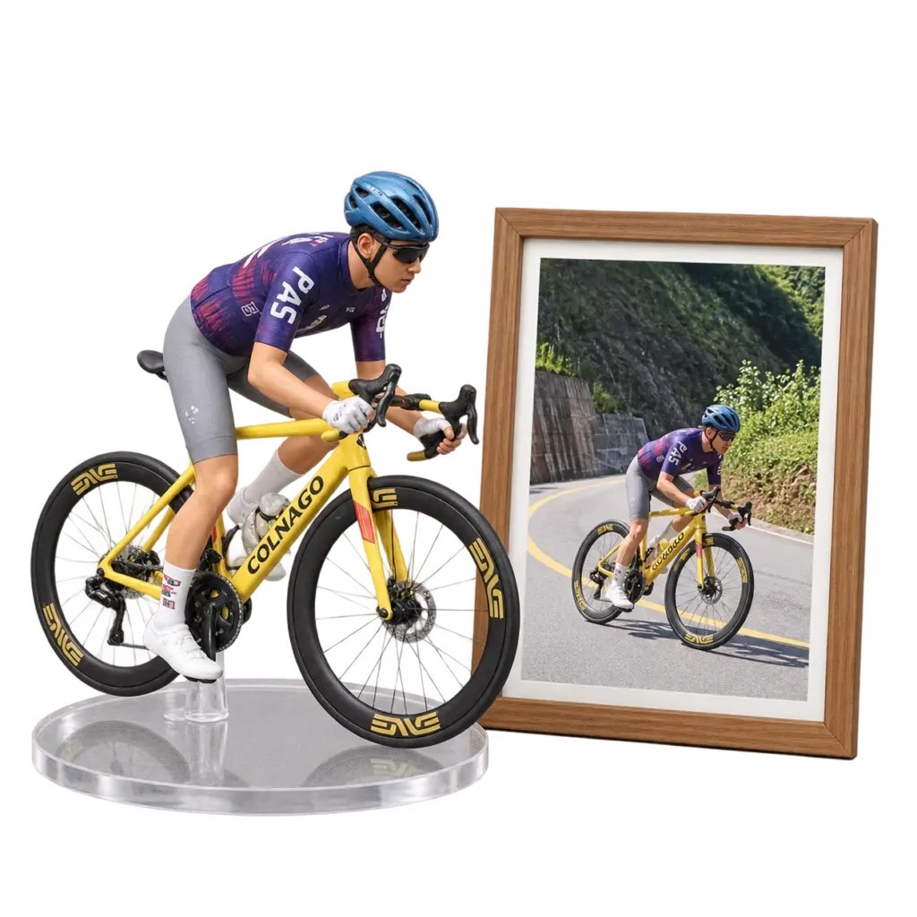Custom 1:12 road bike model with miniature rider on display stand