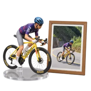 Custom 1:12 road bike model with miniature rider on display stand