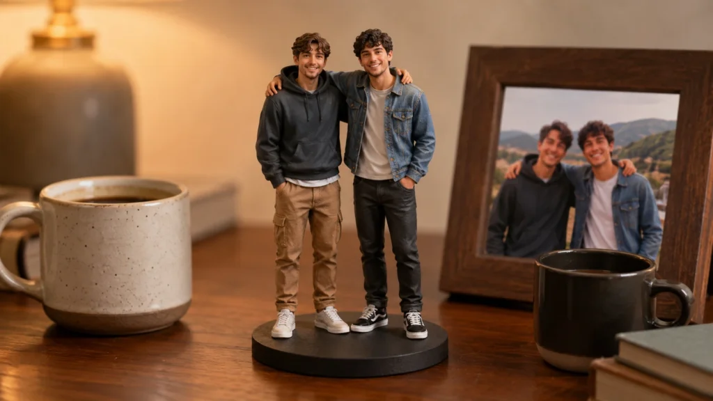 Best friend figurines from a photo: two full-color 3D printed miniature figures standing side by side with arms around each other on a desk