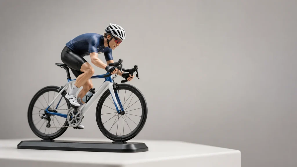 Custom 1:12 road bike model with miniature rider on a display stand
