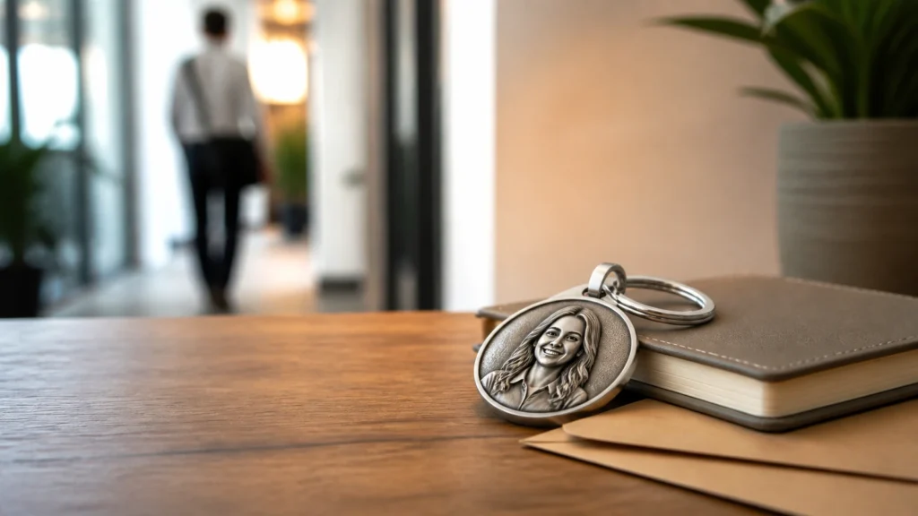 Custom farewell gift keychain from a photo on a clean desk