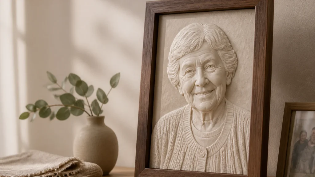 Custom relief portrait frame of a grandparent from a photo on a shelf