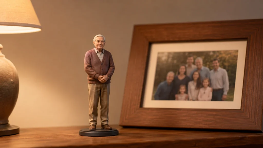 Memorial figurines from a photo: full-color 3D printed miniature of a man in a cardigan on a shelf beside a framed family photo