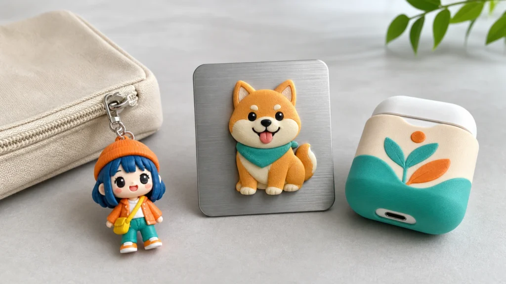 Small 3D printed gifts including a figurine keychain, fridge magnet, and wireless-earbud case cover