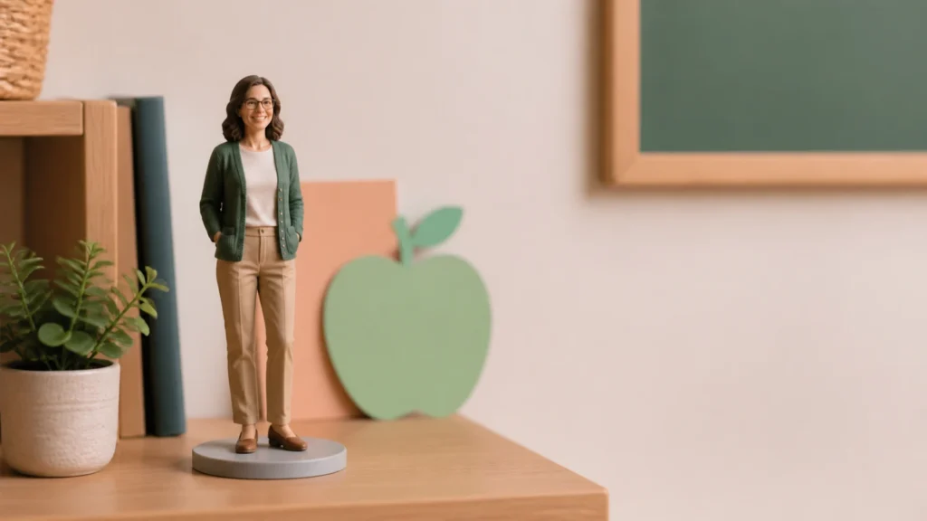 Custom teacher appreciation figure from a photo on a classroom shelf