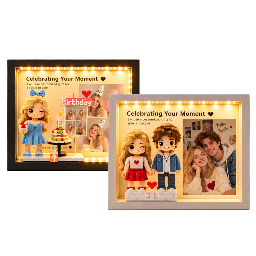 Personalized photo brick figure gift set with a custom portrait display