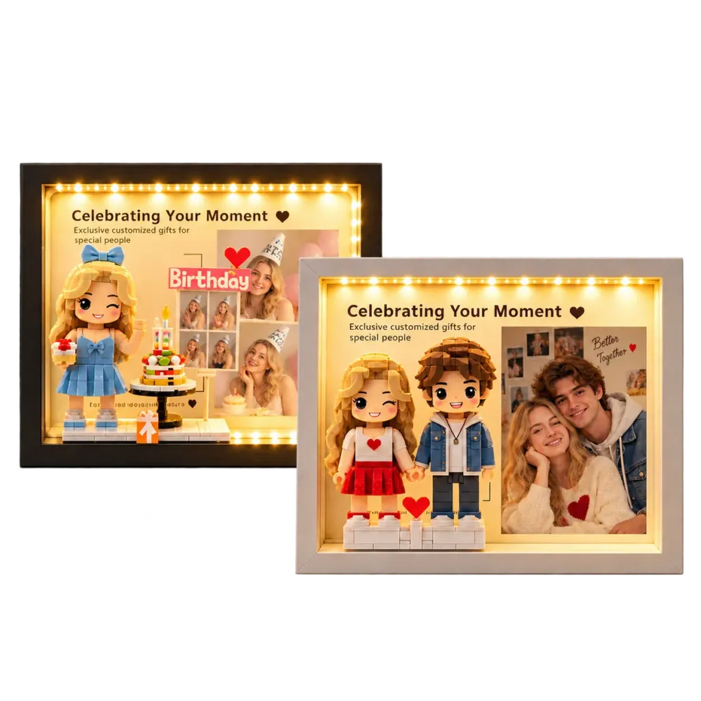 Personalized photo brick figure gift set with a custom portrait display