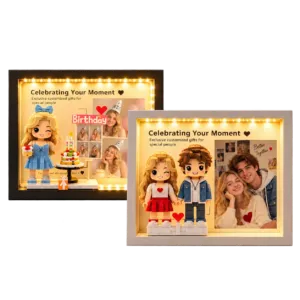 Personalized photo brick figure gift set with a custom portrait display