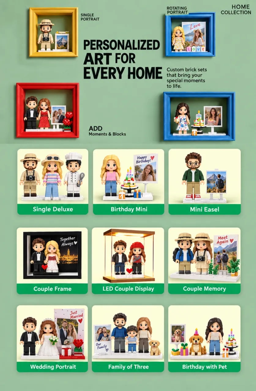 Personalized brick figure art collection made from customer photos
