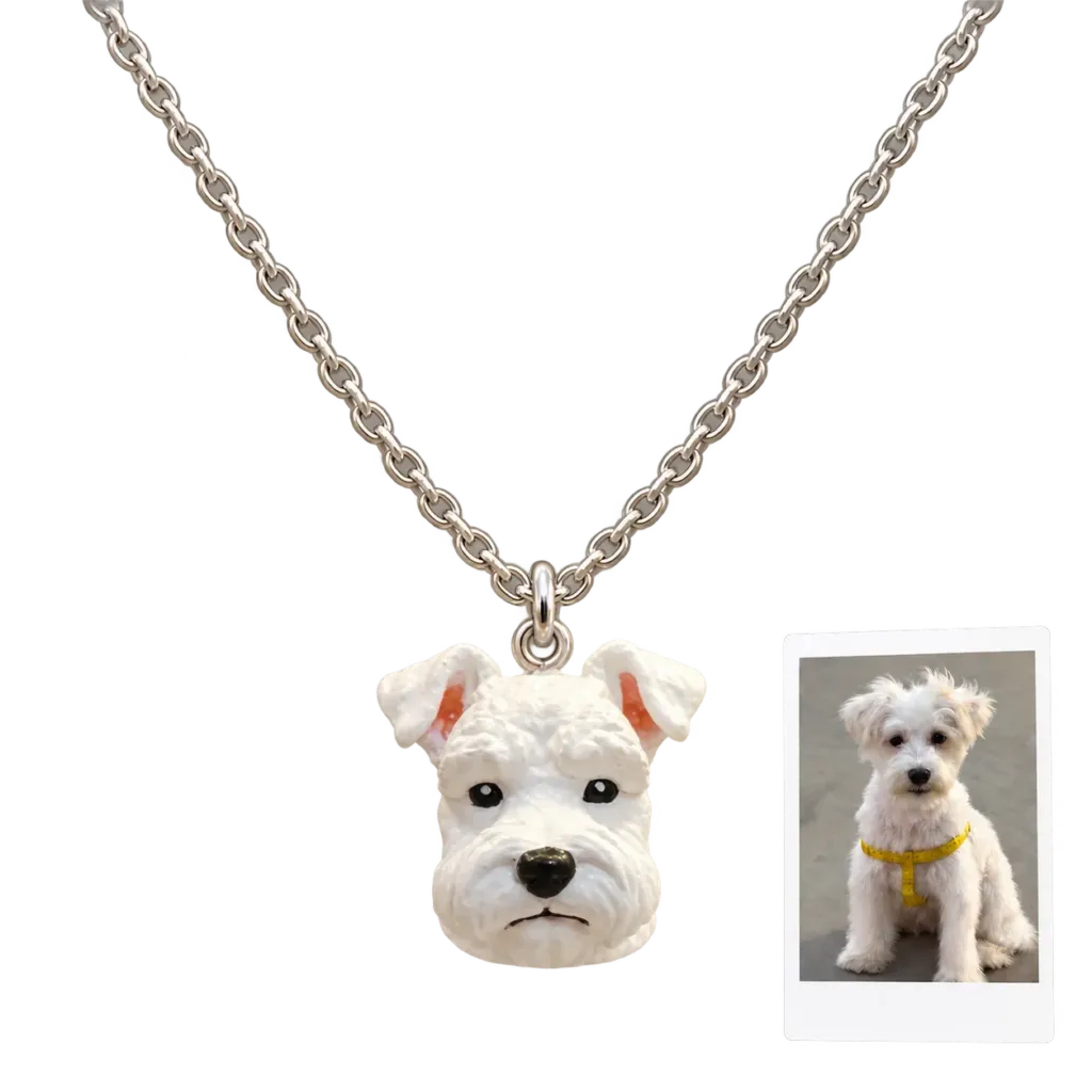 White dog photo recreated as a hand-painted 3D printed resin portrait pendant