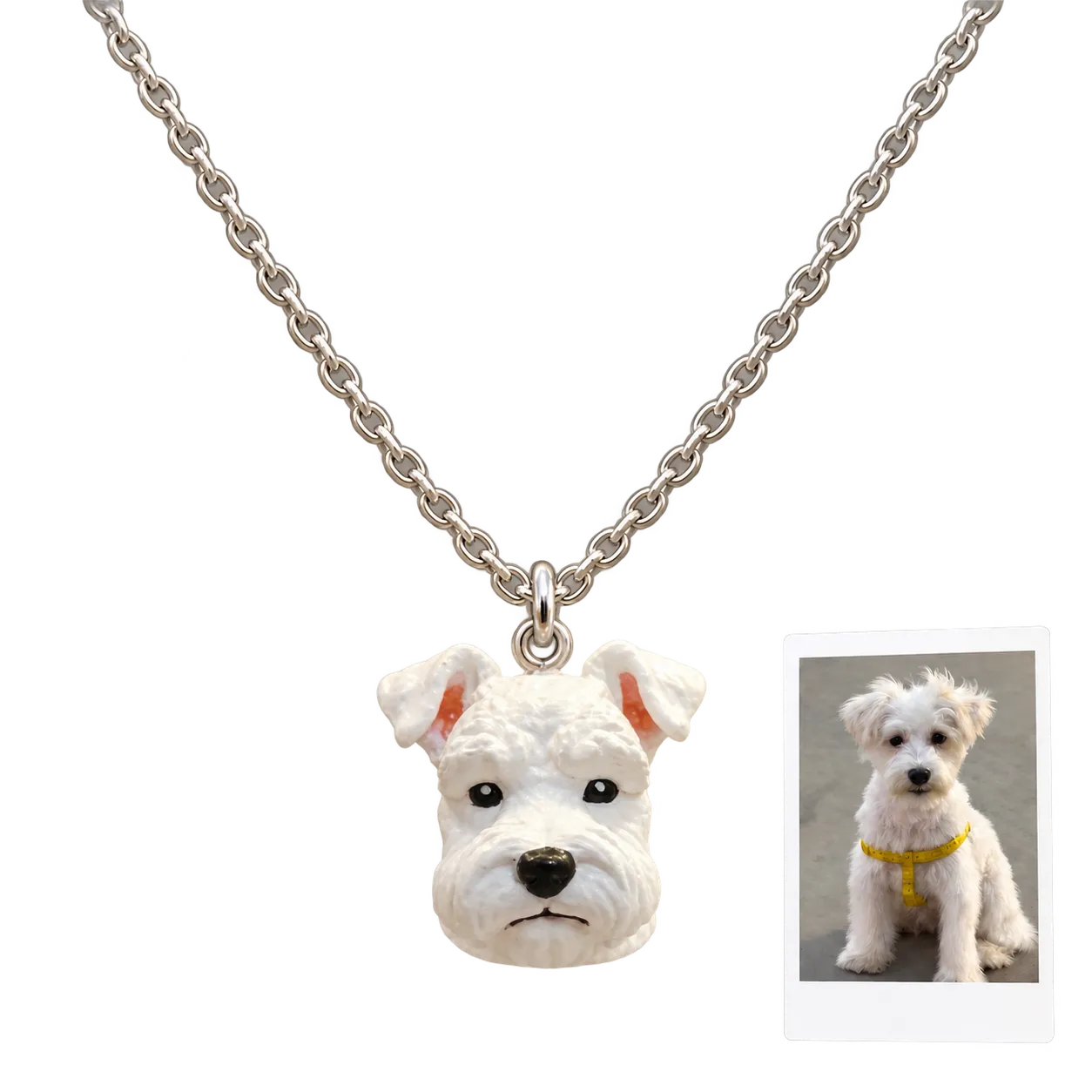 White dog photo recreated as a hand-painted 3D printed resin portrait pendant