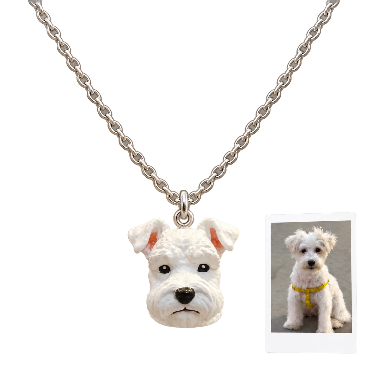 White dog photo recreated as a hand-painted 3D printed resin portrait pendant
