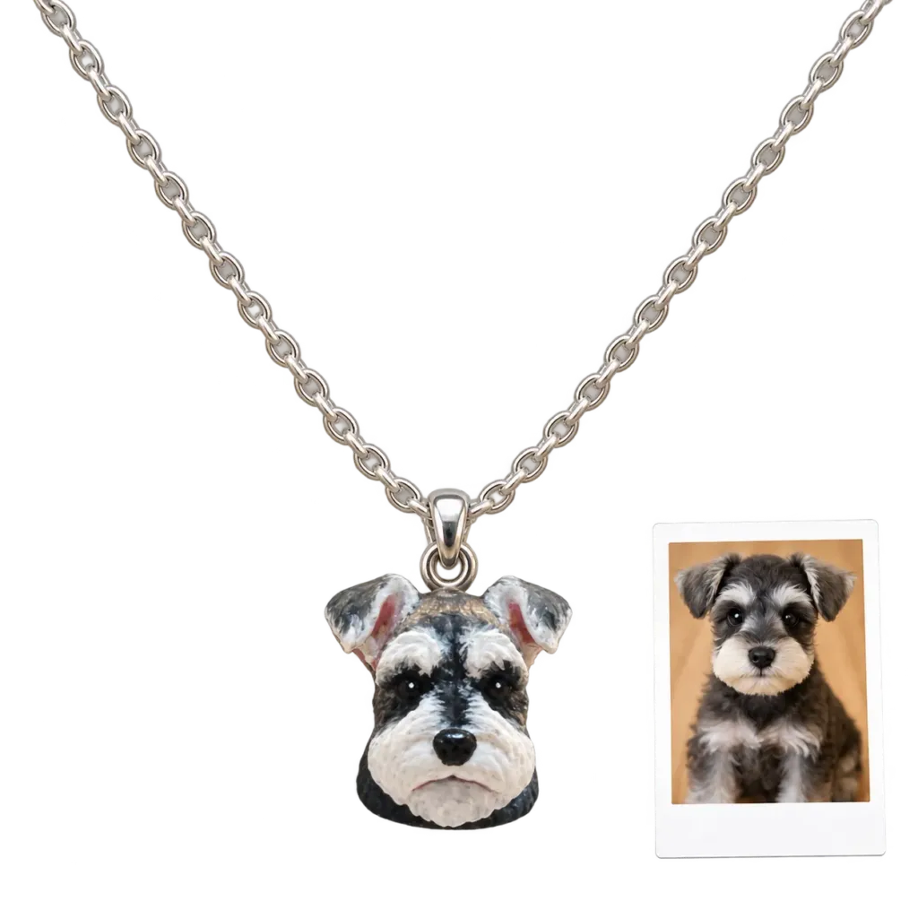 Black and gray schnauzer photo recreated as a custom 3D printed pet portrait pendant