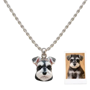 Black and gray schnauzer photo recreated as a custom 3D printed pet portrait pendant