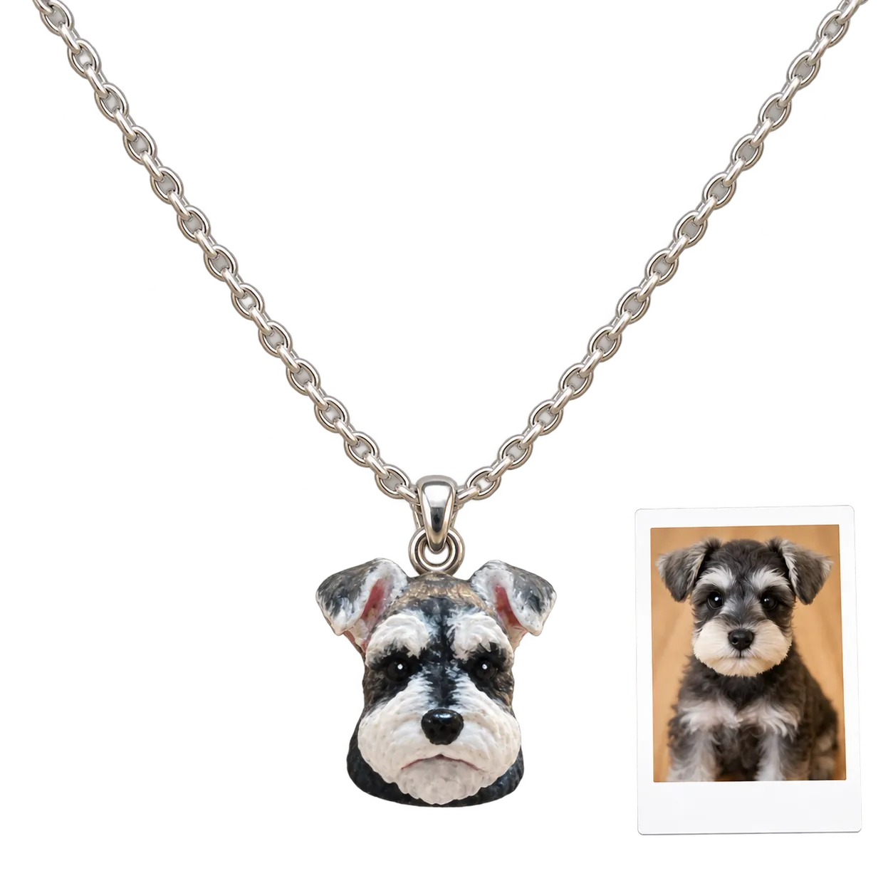 Black and gray schnauzer photo recreated as a custom 3D printed pet portrait pendant