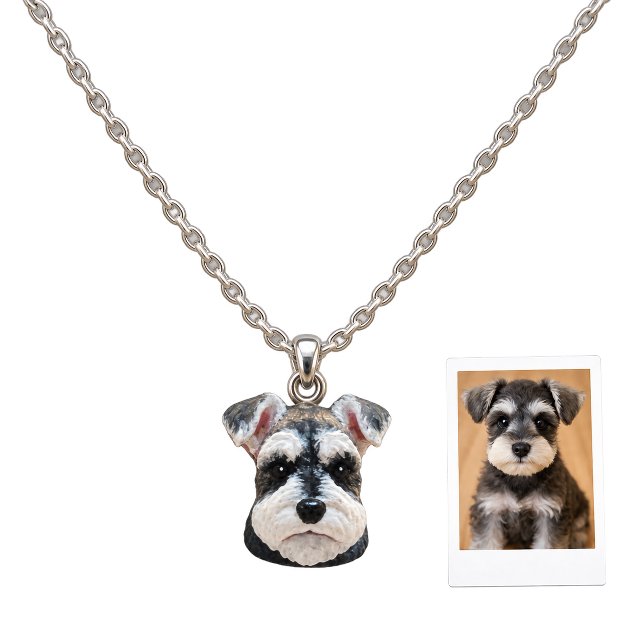 Black and gray schnauzer photo recreated as a custom 3D printed pet portrait pendant