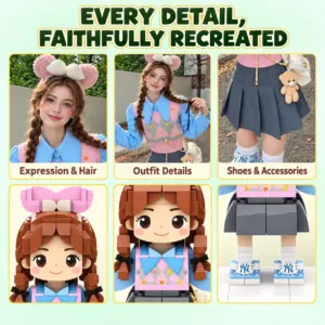 Clothing and portrait details recreated in a custom brick figure