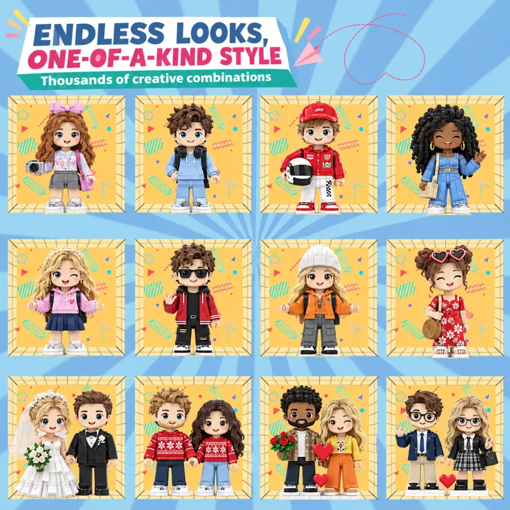 Diverse personalized brick figure styles for different recipients